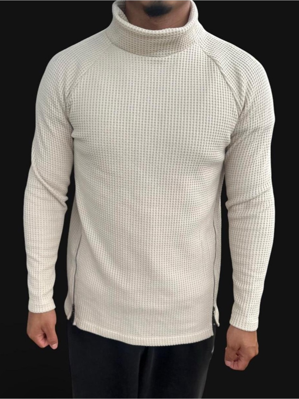 Men's Cream Waffle Knit Turtleneck Pullover